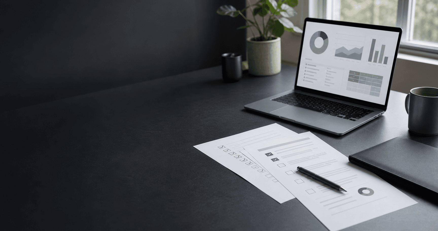 Mesa de trabajo con checklist, documentos y panel de diagnóstico